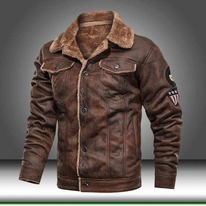 Men's black faux leather biker jacket with removable hood & brown faux fur lining for winter warmth