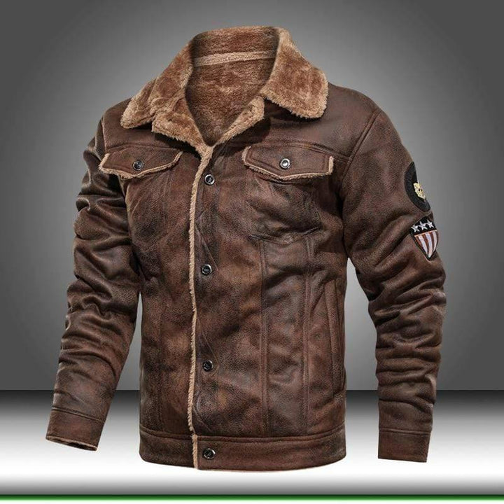 Men's black faux leather biker jacket with removable hood & brown faux fur lining for winter warmth