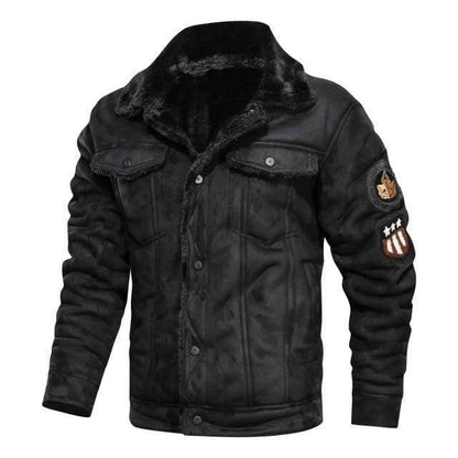 Warm men's thermal biker jacket in faux leather with soft faux fur lining and a detachable hood