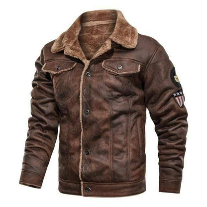 Outdoor men's winter coat: black faux leather biker jacket with cozy faux fur interior and removable hood