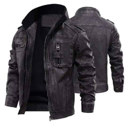 Men's black faux leather jacket with velvet collar, ideal for stylish winter outerwear.