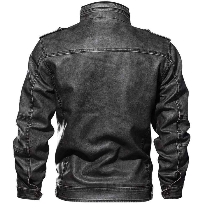Biker-style men's faux leather jacket, featuring a soft velvet collar and zip-up front.