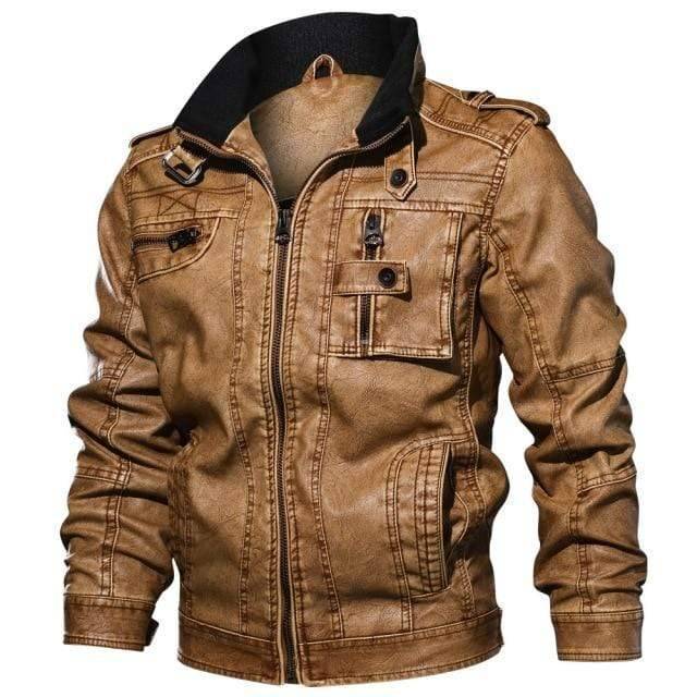 Black zip-up faux leather motorcycle jacket for men, designed with a distinct velvet collar.