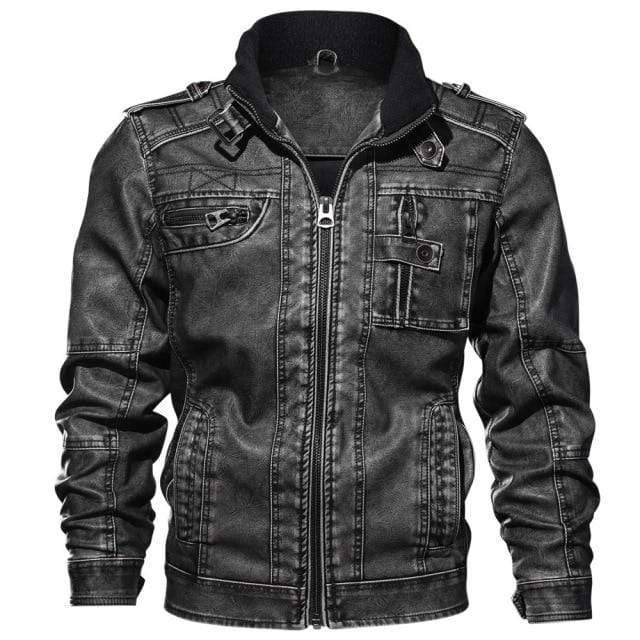 Warm men's outerwear: faux leather jacket with velvet collar, perfect for cold weather.