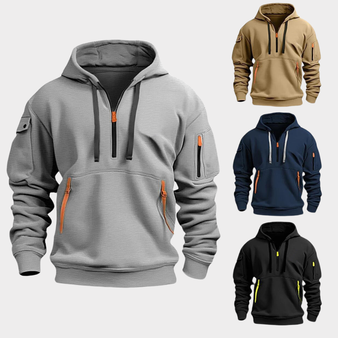 Comfortable men's half-zip pullover, long sleeve, with a drawstring hood for everyday wear.