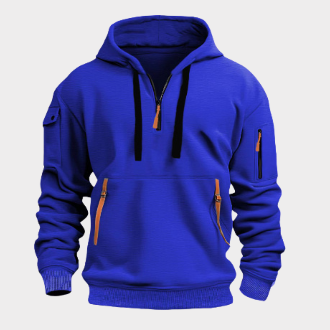 Athletic men's half-zip hoodie in navy, with secure pockets & a comfortable fit.
