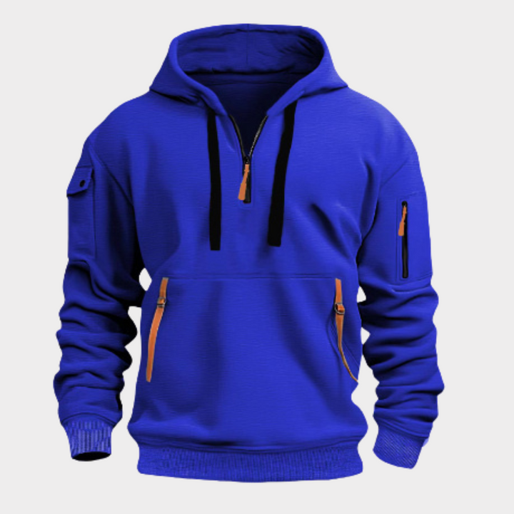 Athletic men's half-zip hoodie in navy, with secure pockets & a comfortable fit.