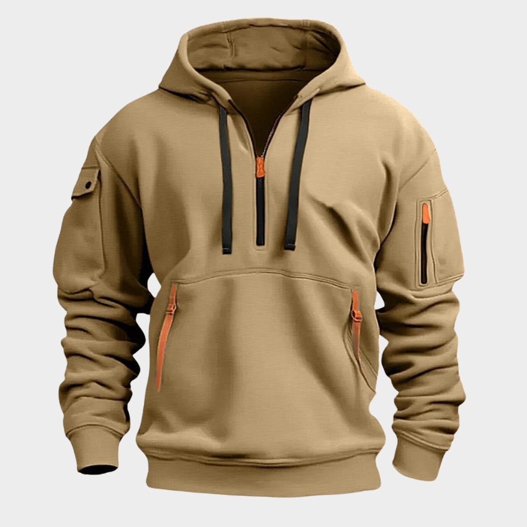 Effortless style with this men's half-zip hoodie, featuring a comfy drawstring hood.