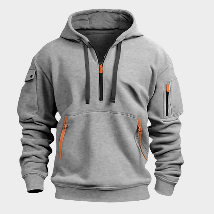 Versatile men's half-zip hoodie, Diego, a comfortable long-sleeve top for casual fashion.