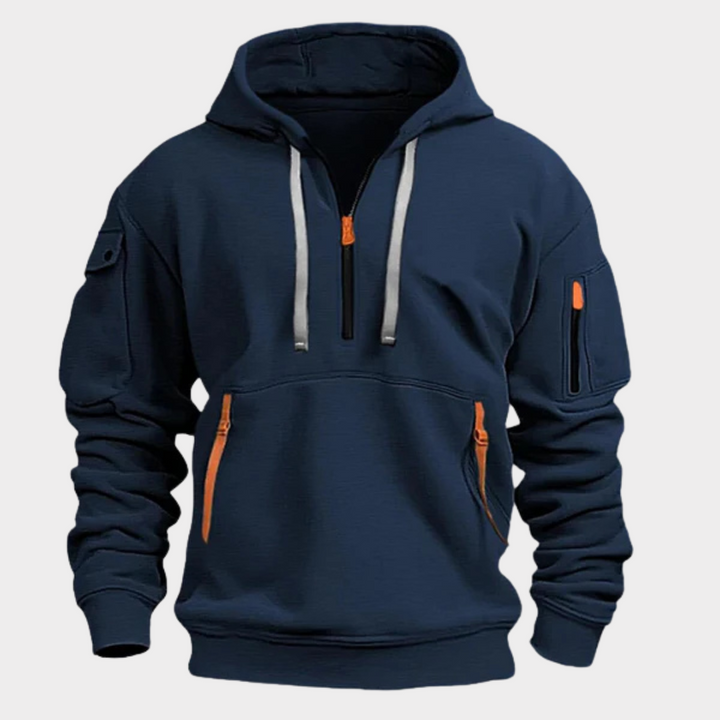 Men's black half-zip pullover with secure pockets, perfect for athletic or casual wear.