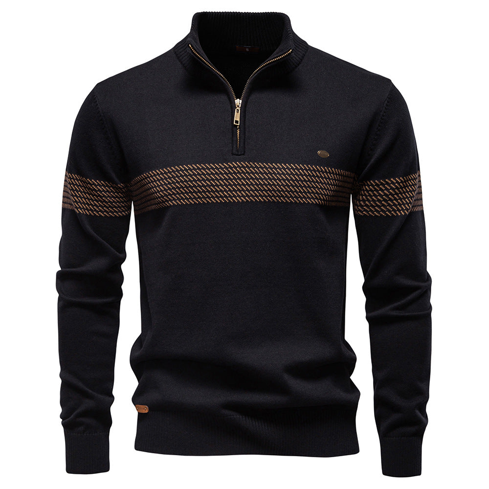 Men's black half-zip pullover sweater with subtle striped detail, perfect for smart casual fall layering.