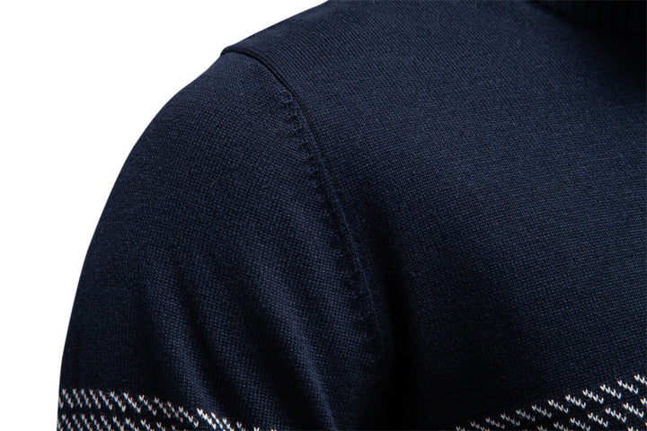 Men's black striped half-zip pullover sweater, comfortable and stylish fall apparel for men.