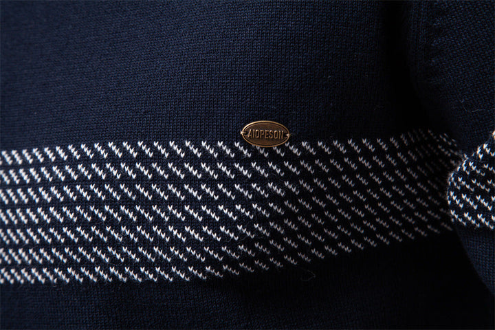 Men's apricot fall half-zip sweater, pullover style with classic striped interior for versatility.