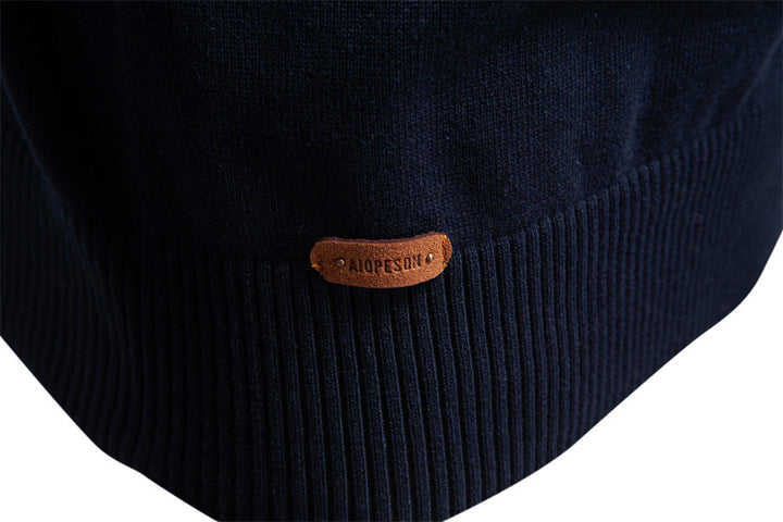 Versatile men's navy blue striped half-zip sweater, ideal for fall & winter smart casual looks.
