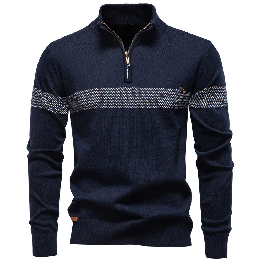 Versatile navy blue men's half-zip sweater pullover, featuring stylish striped cuffs for winter.