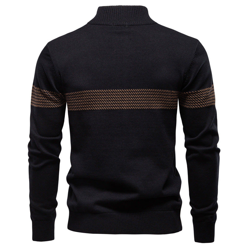 Casual men's apricot pullover sweater with half-zip closure and striped detailing for everyday wear.