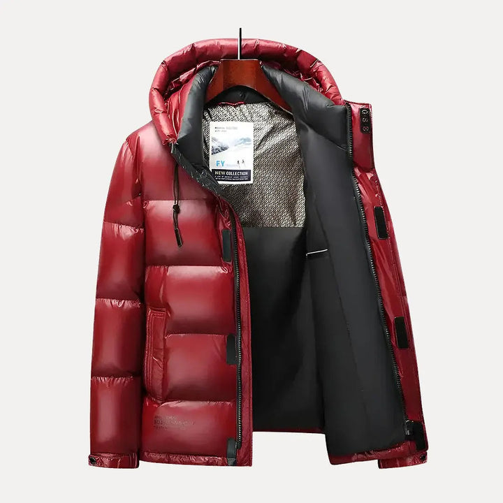 Men's black hooded puffer jacket, perfect for ultimate winter warmth, style, and cold weather protection.