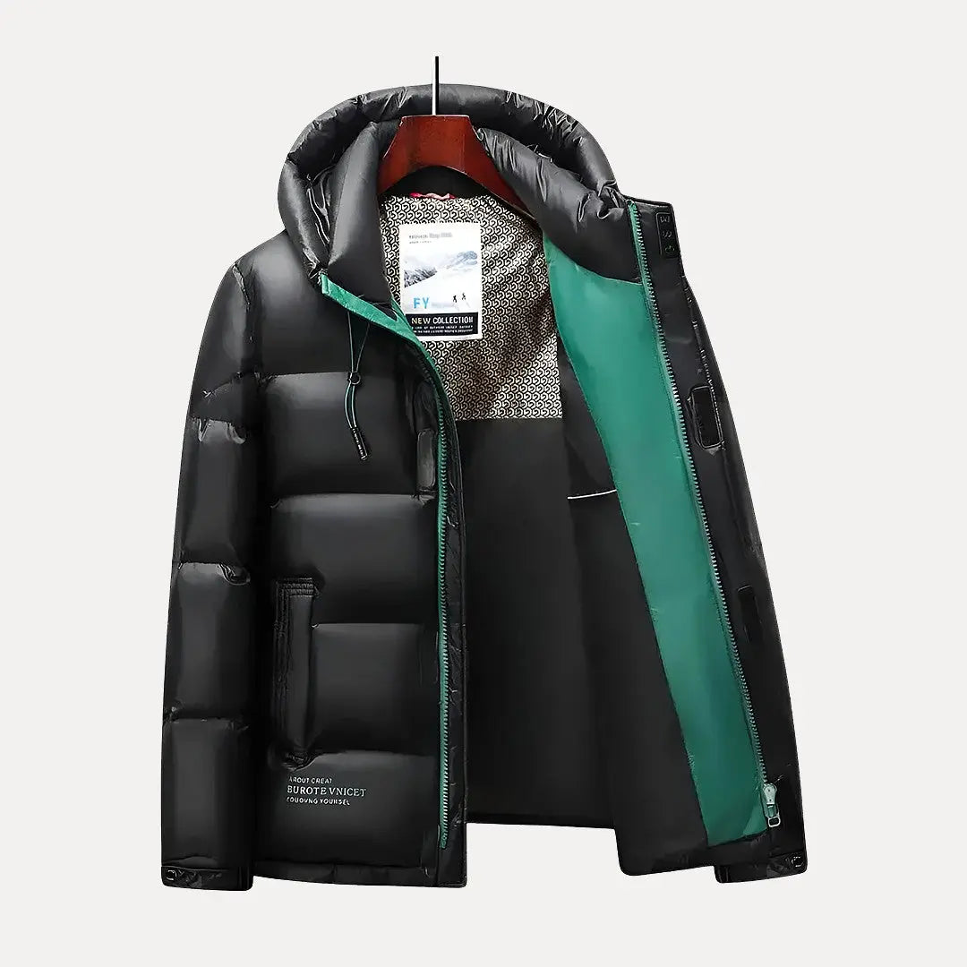 Insulated men's hooded winter jacket, a warm puffer coat for extreme cold weather and outdoor adventures.