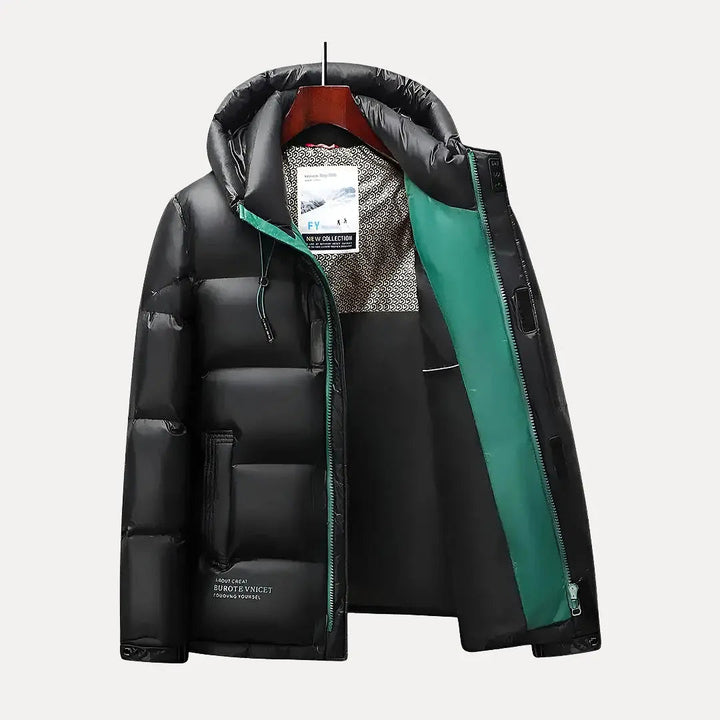 Insulated men's hooded winter jacket, a warm puffer coat for extreme cold weather and outdoor adventures.