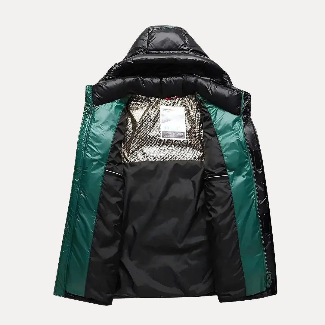 Durable men's outerwear, a versatile hooded puffer jacket for winter fashion & everyday cold weather comfort.