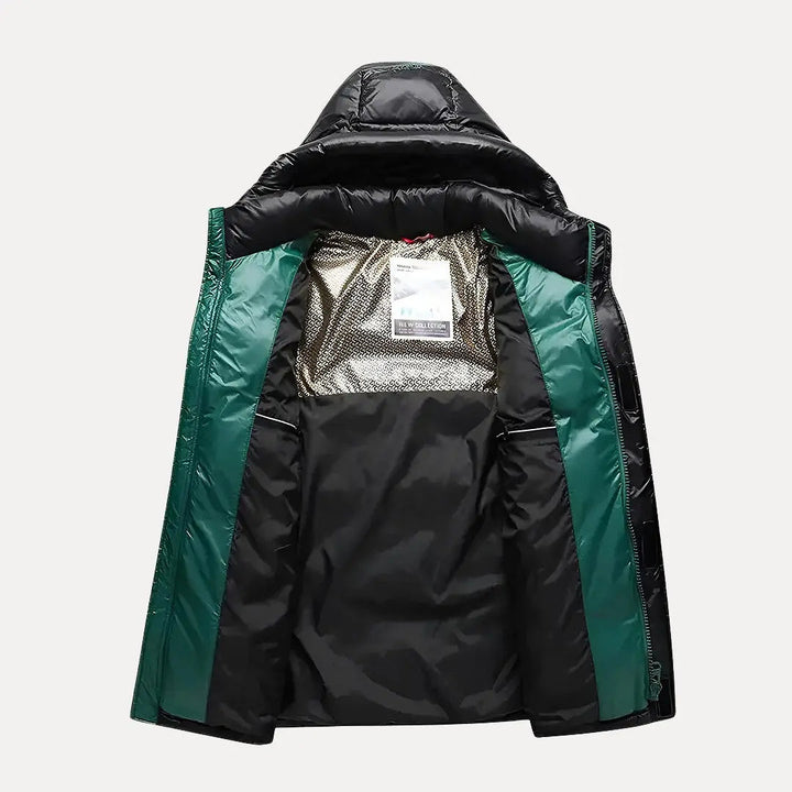 Durable men's outerwear, a versatile hooded puffer jacket for winter fashion & everyday cold weather comfort.