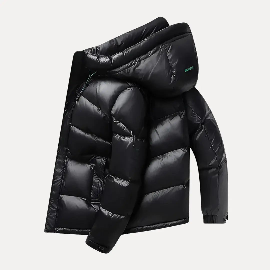 Modern men's hooded puffer jacket, offering superior warmth & style for winter, cold weather, and casual wear.