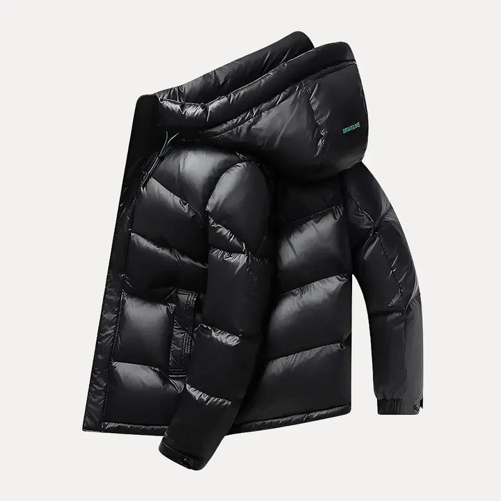 Modern men's hooded puffer jacket, offering superior warmth & style for winter, cold weather, and casual wear.