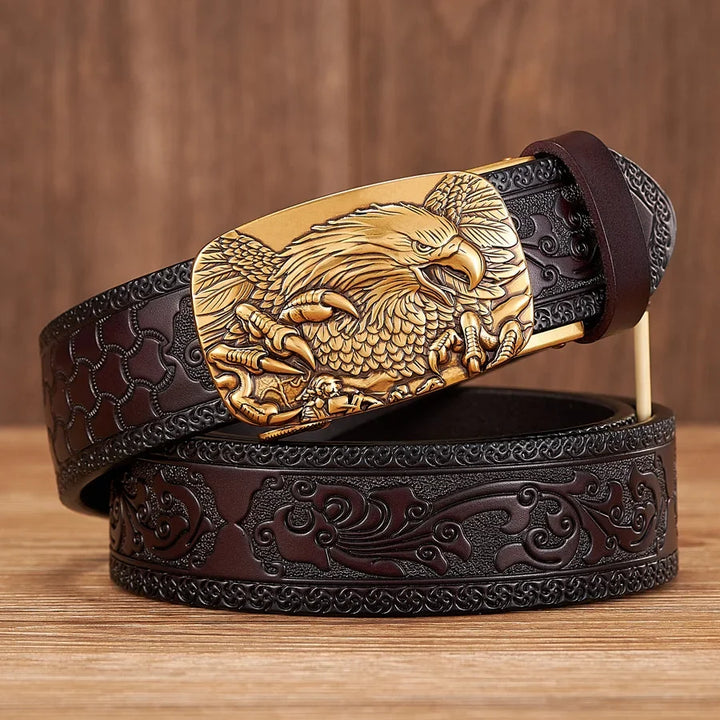 High-quality men's split leather belt in coffee with a unique eagle buckle, for a rugged western style.