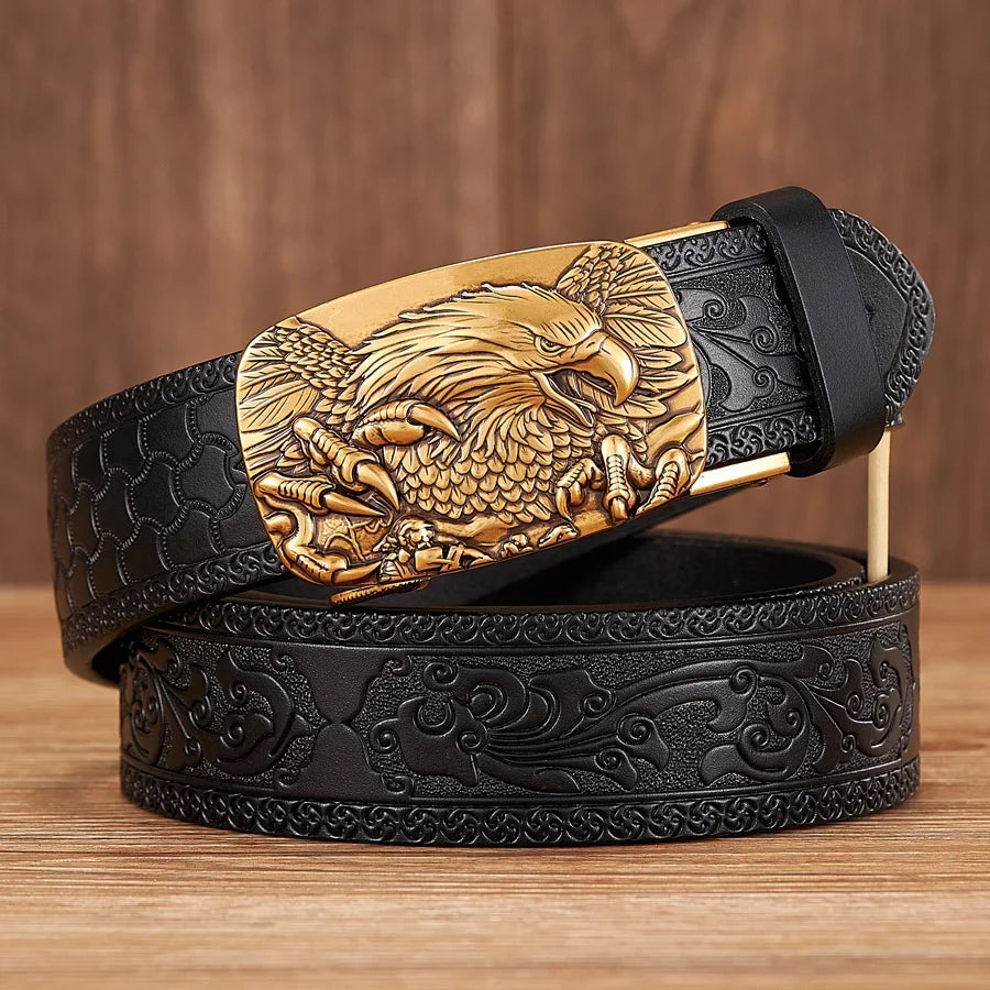 Black men's leather belt with an intricate eagle buckle, a versatile western fashion accessory for men.