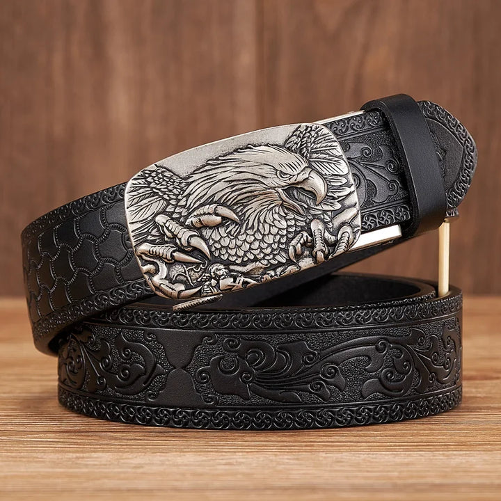 Men's black split leather belt with an eagle buckle, a bold western style fashion accessory for everyday wear.