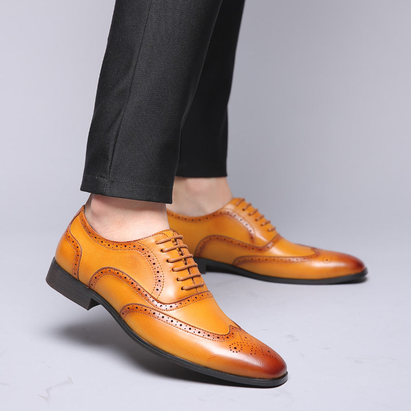 Close-up of men's Oxford brogue dress shoes, showcasing intricate detailing and classic design.