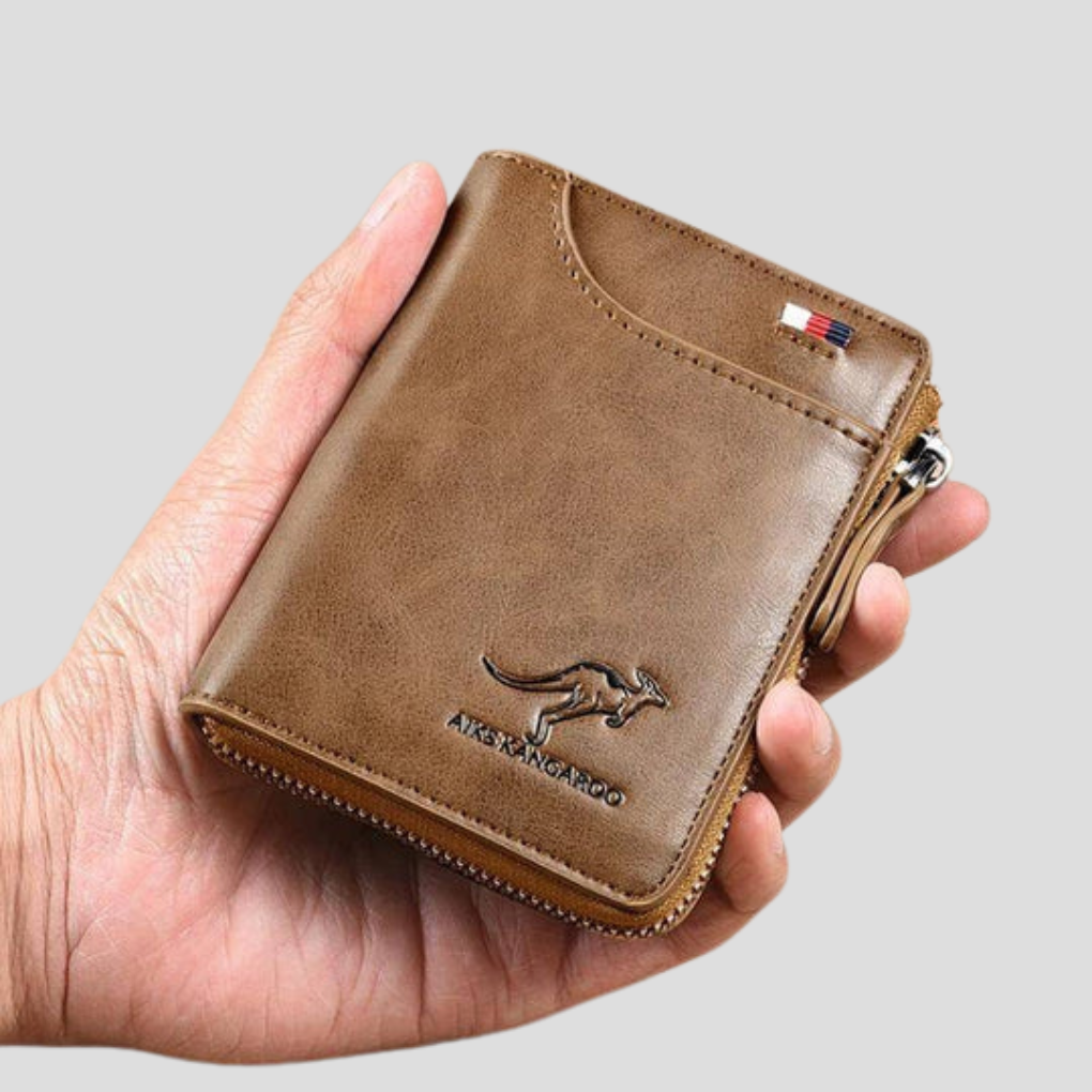 Stylish men's genuine leather zip around bifold wallet, RFID protected, compact & practical for daily use.