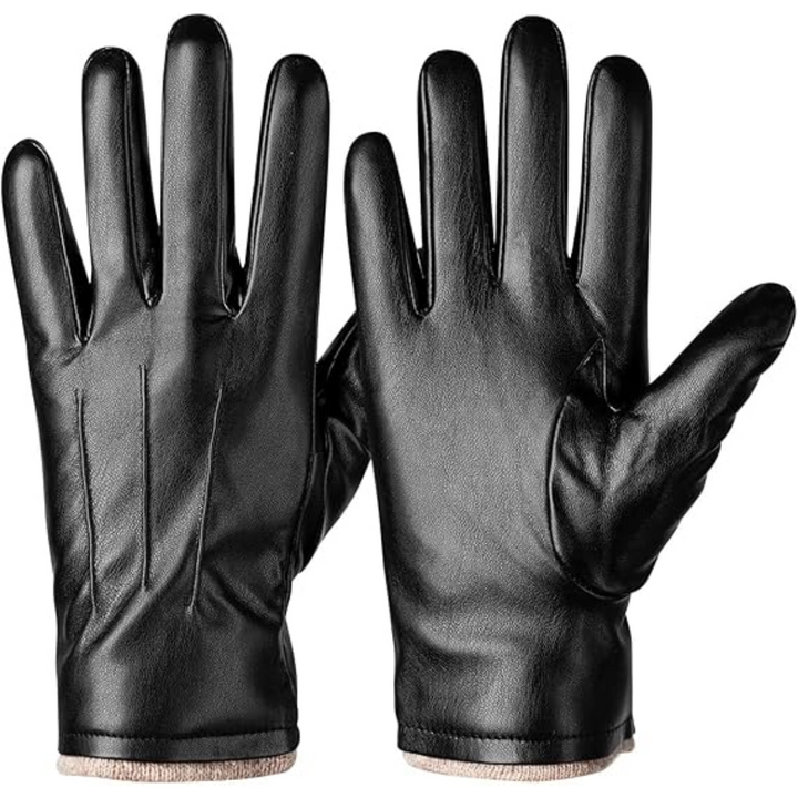 Men's black leather touchscreen gloves for winter. Warm, smartphone-friendly design for cold weather.