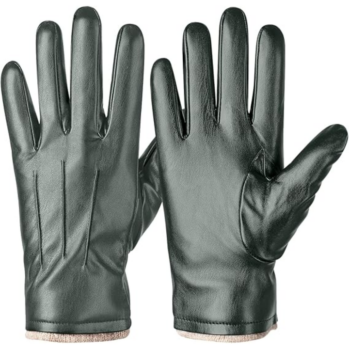 Genuine black leather men's winter gloves with touchscreen technology. Stay warm and connected in cold conditions.