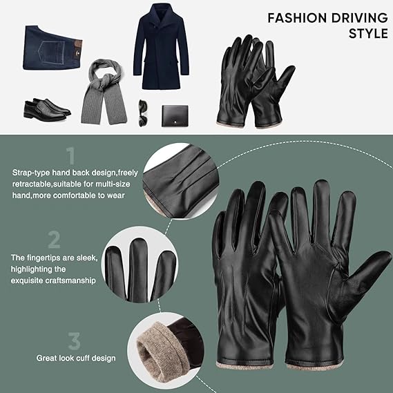 Men's warm leather driving gloves for winter. Insulated, touchscreen compatible for commutes & outdoor adventures.