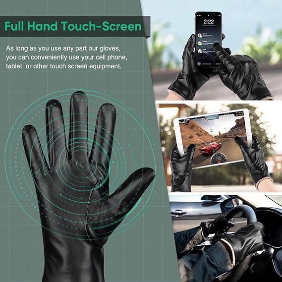 Cold weather men's insulated leather gloves. Provides warmth & touchscreen finger compatibility for winter protection.