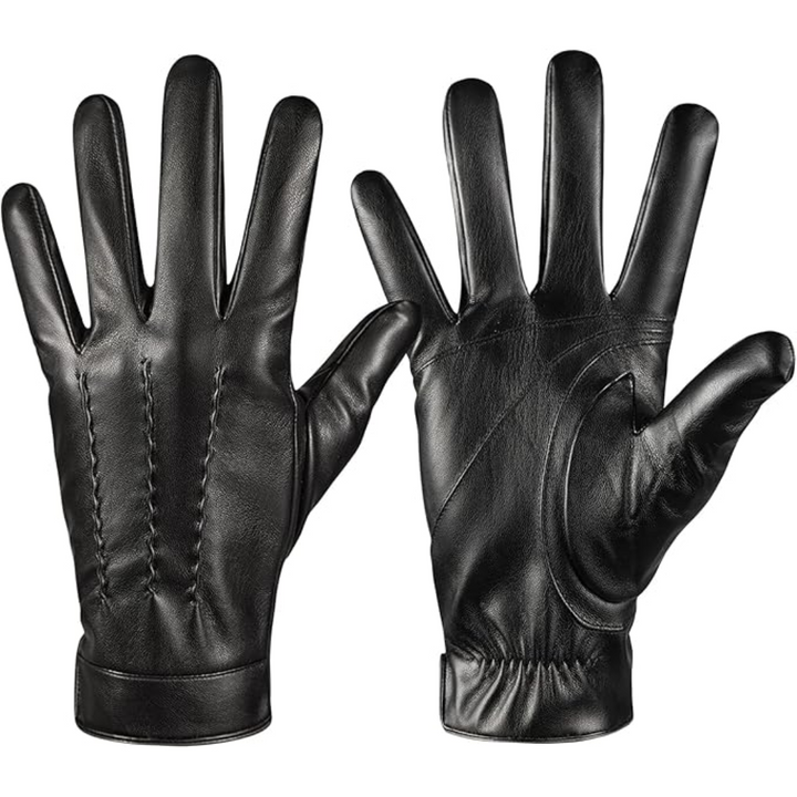Men's black leather touchscreen winter gloves with cashmere lining, ideal for cold weather driving.