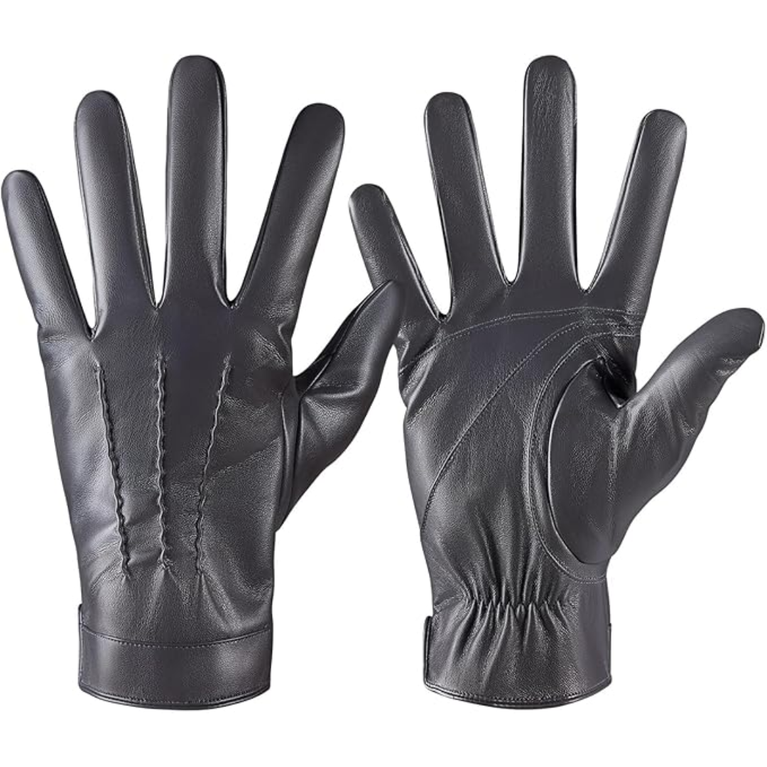 Warm men's leather winter gloves, cashmere lined for ultimate comfort & touchscreen functionality in cold.