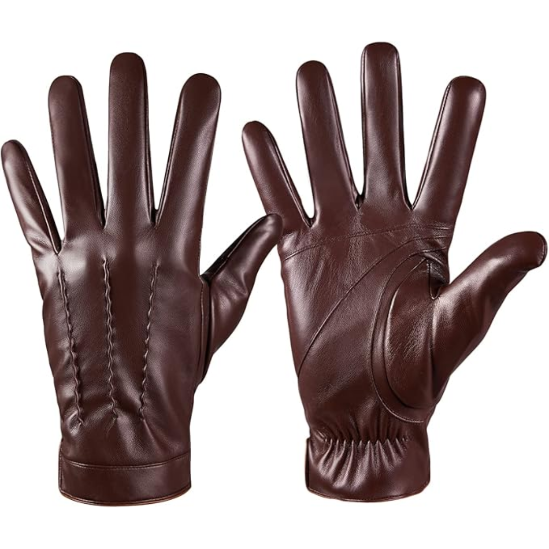 Stylish men's leather driving gloves with cashmere lining, offering warmth & touchscreen capability.
