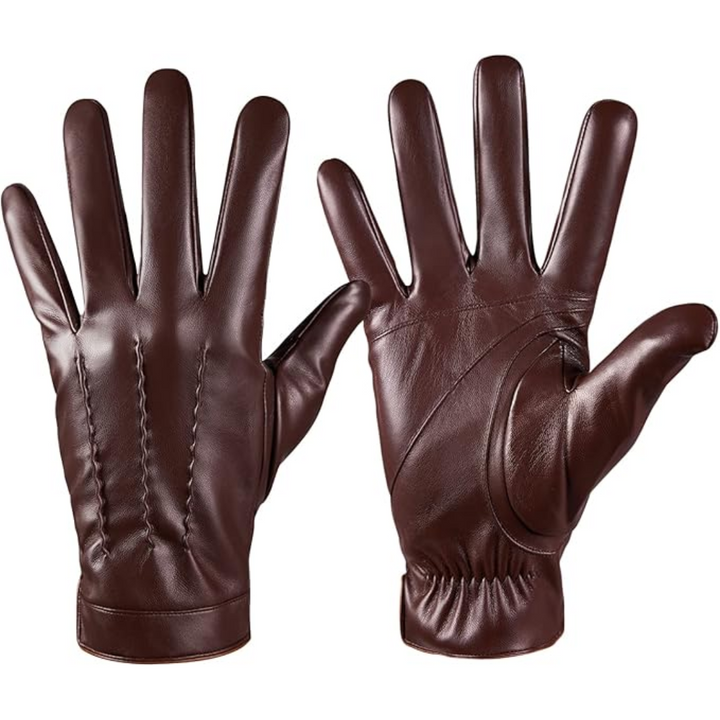 Stylish men's leather driving gloves with cashmere lining, offering warmth & touchscreen capability.