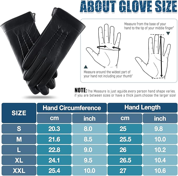 Durable men's leather winter gloves, touchscreen compatible, cashmere lined for warmth in cold weather.
