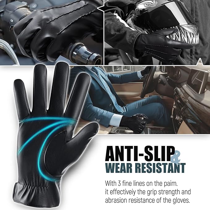 Men's warm leather touchscreen winter gloves for cold weather. Perfect for outdoor activities & driving.