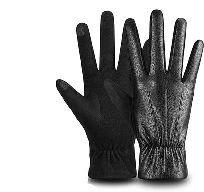 Men's black leather touchscreen winter gloves, wool-lined, windproof. Warm & stylish for cold weather.