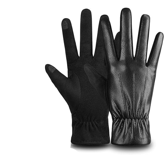 Men's black leather touchscreen winter gloves, wool-lined, windproof. Warm & stylish for cold weather.