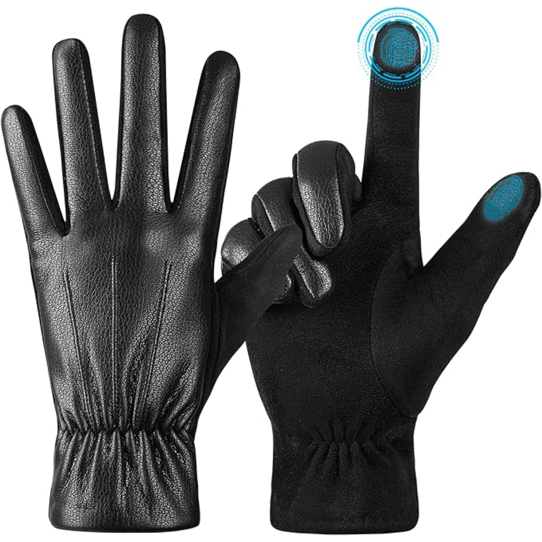 Stylish men's black leather driving gloves with touchscreen function. Warm, windproof for winter & outdoor activities.