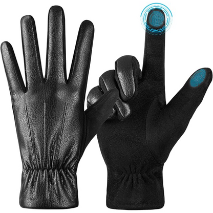 Stylish men's black leather driving gloves with touchscreen function. Warm, windproof for winter & outdoor activities.