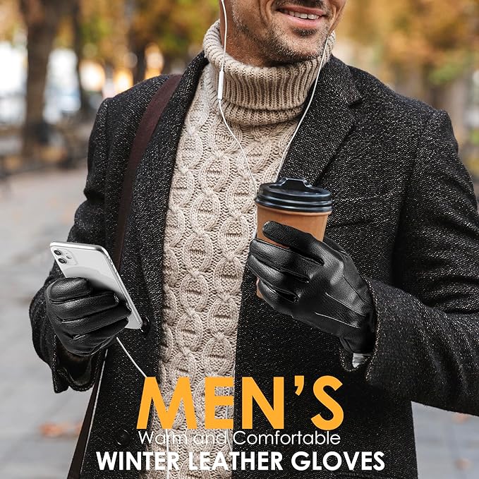 Premium men's leather touchscreen gloves, windproof, perfect for driving, outdoor winter sports, and cold weather.
