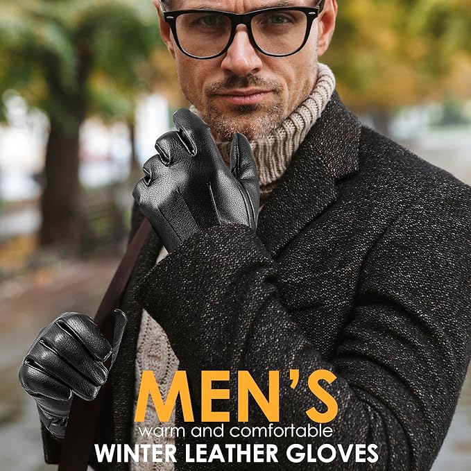 Black leather men's winter gloves with touchscreen capability. Warm, windproof design for cold weather comfort.