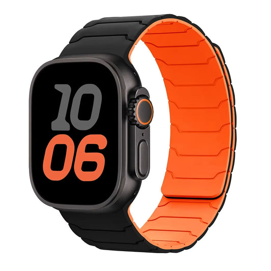 Men's black magnetic silicone smartwatch strap; durable, sweat-resistant for active lifestyles & comfort.