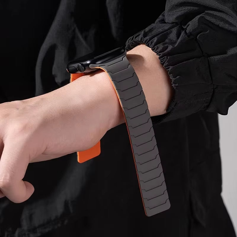 Premium men's black silicone smartwatch strap with magnetic closure; offering comfort, durability & style.